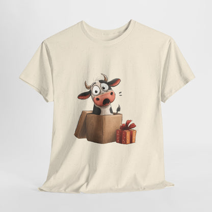 Cow in a Gift Box Christmas T-Shirt - Funny Christmas Surprise Moo Tee