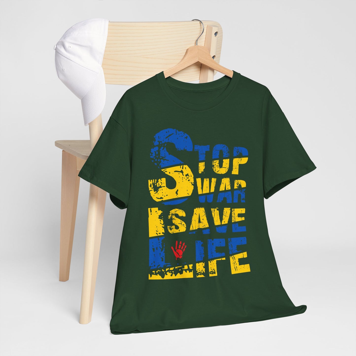 Stop War Save Life Shirt - Blue & Yellow Anti-War Tee, Ukraine Support T-Shirt with Red Handprint, Peace and Solidarity Gift