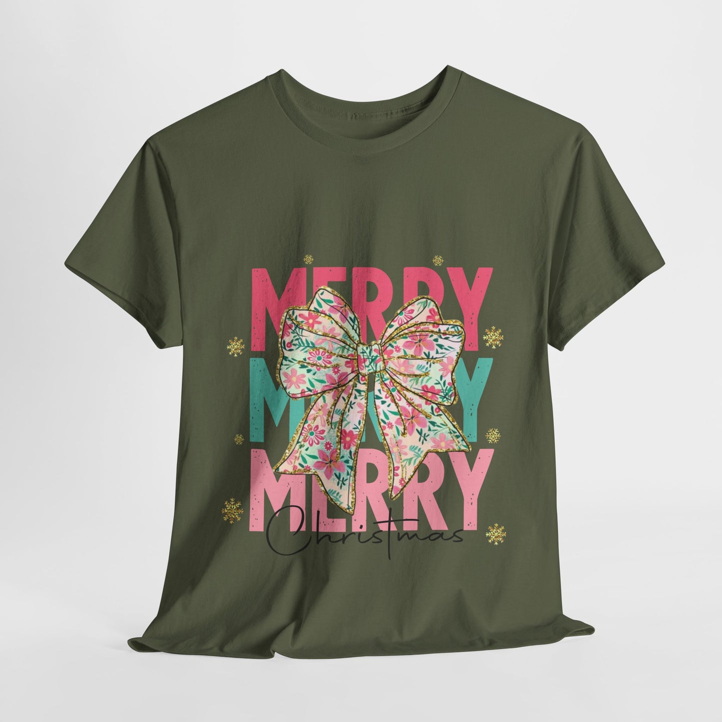 Merry Merry Merry Christmas T-Shirt - Floral Bow Pastel Tee
