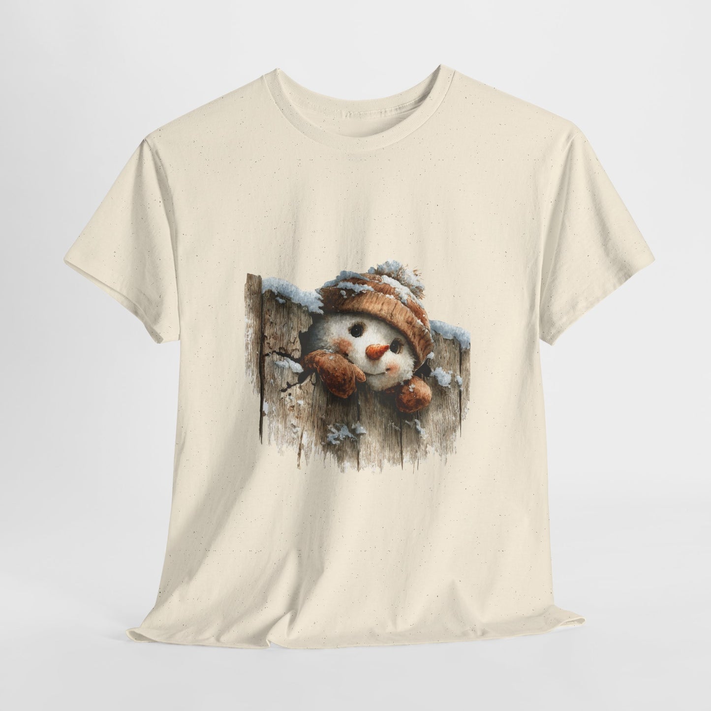 Peeking Snowman Beanie Christmas T-Shirt - Rustic Wood Fence Snowman