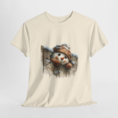 Peeking Snowman Beanie Christmas T-Shirt - Rustic Wood Fence Snowman