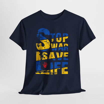Stop War Save Life Shirt - Blue & Yellow Anti-War Tee, Ukraine Support T-Shirt with Red Handprint, Peace and Solidarity Gift
