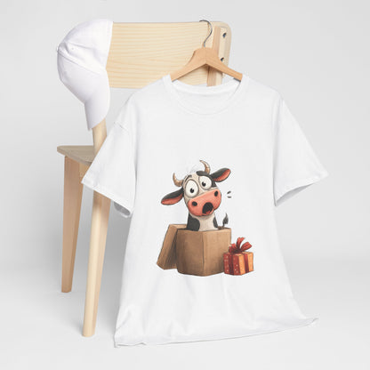 Cow in a Gift Box Christmas T-Shirt - Funny Christmas Surprise Moo Tee