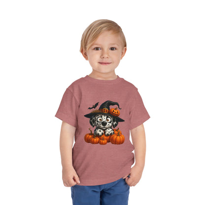 Cute Halloween Puppy Kids T-Shirt - Witch Hat & Pumpkins Toddler Tee