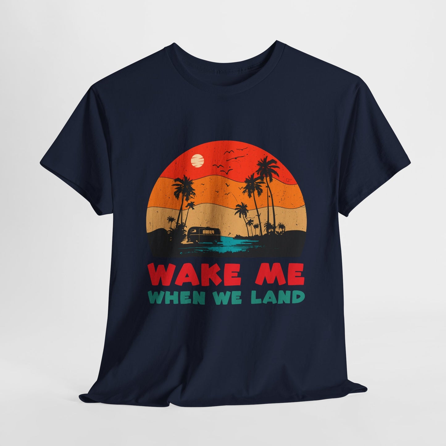 Wake Me When We Land T-Shirt - Funny Jet Lag Travel Retro Sunset Tee