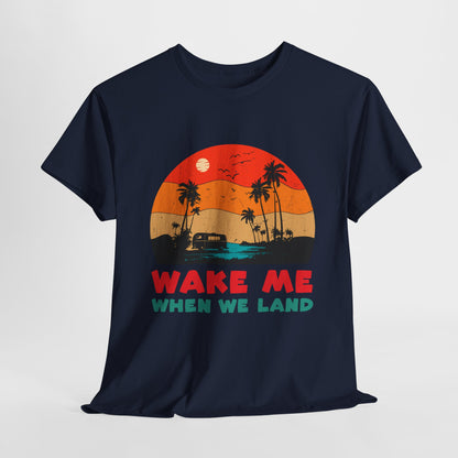 Wake Me When We Land T-Shirt - Funny Jet Lag Travel Retro Sunset Tee