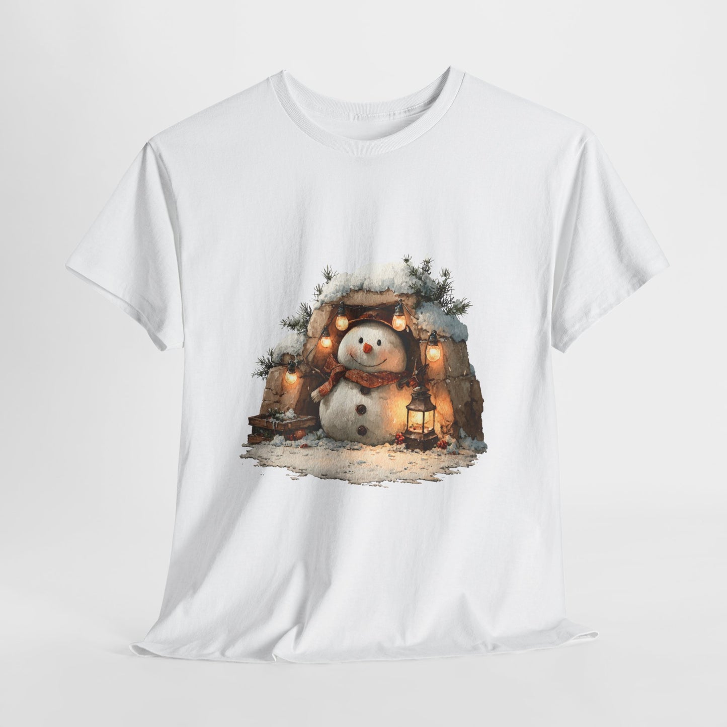 Cozy Lantern Snowman Christmas T-Shirt - Rustic Christmas Snowman with String Lights
