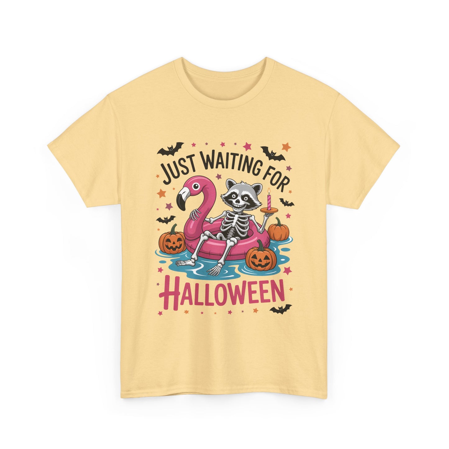 Just Waiting for Halloween T-Shirt - Raccoon Skeleton Flamingo Tee