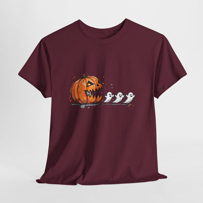 Pumpkin vs Ghosts Halloween T-Shirt - Jack-O-Lantern Chasing Ghosts