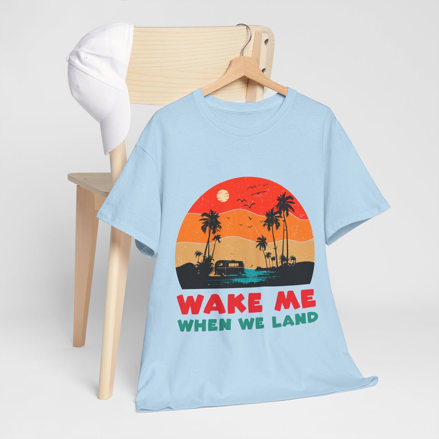 Wake Me When We Land T-Shirt - Funny Jet Lag Travel Retro Sunset Tee