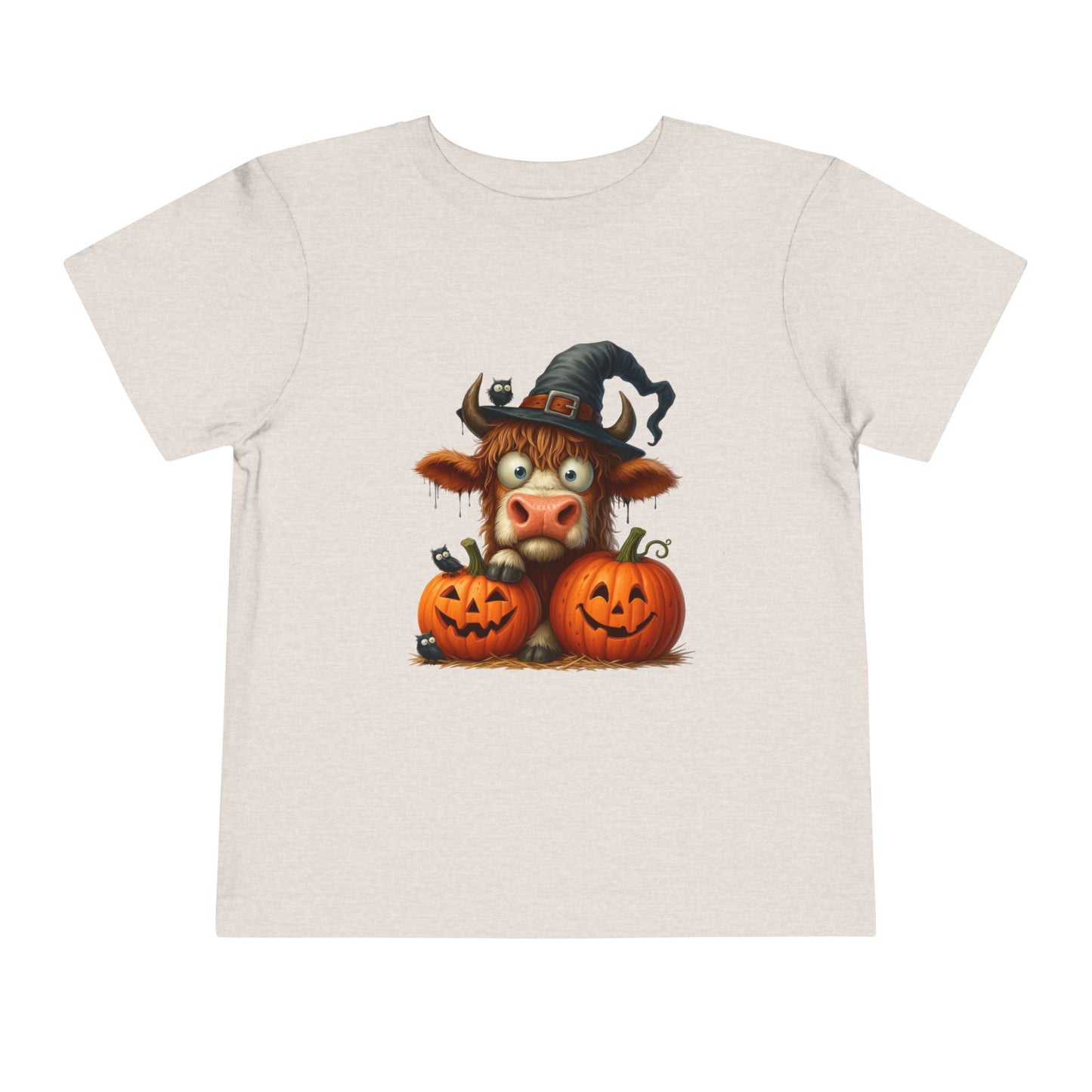 Cute Highland Cow Kids T-Shirt - Witch Hat & Pumpkins Toddler Tee