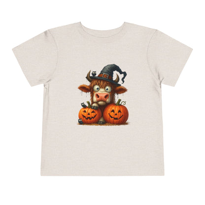 Cute Highland Cow Kids T-Shirt - Witch Hat & Pumpkins Toddler Tee