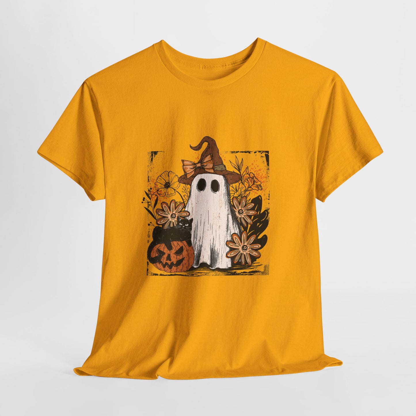 Floral Ghost Cat Pumpkin Halloween T-Shirt - Witch Hat Bow x Jack-O-Lantern