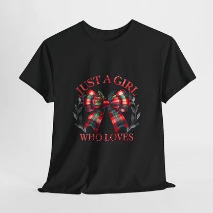 Just a Girl Who Loves Christmas - Tartan Plaid Bow Wreath Tee