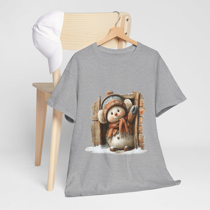 Waving Doorway Snowman Christmas T-Shirt - Cabin Snowman in Beanie & Ear Muffs