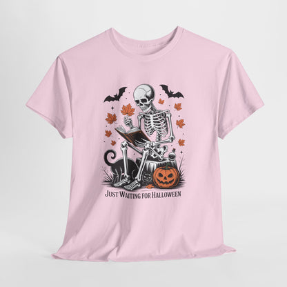 Just Waiting for Halloween T-Shirt - Cozy Spooky Skeleton Reading Tee