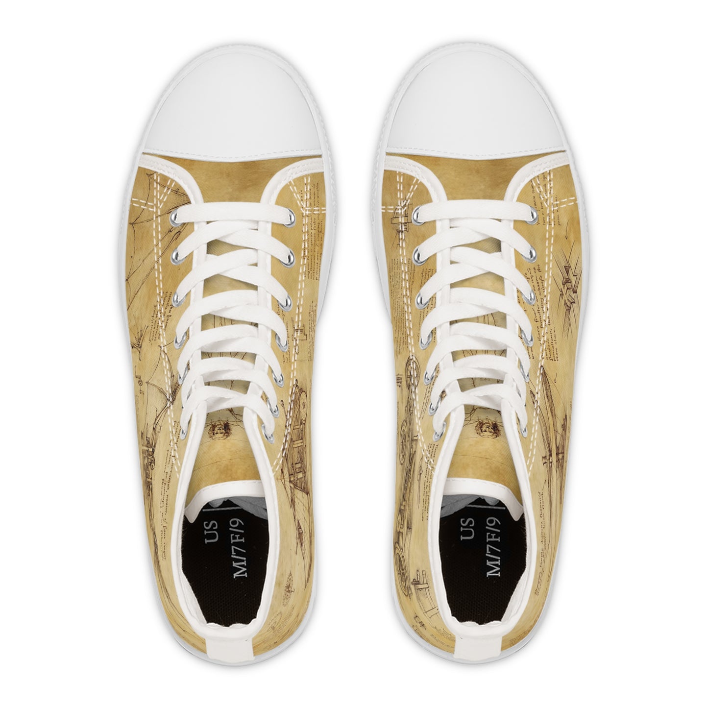 Da Vinci Sketch Damen-Sneaker mit hohem Schaft – Vintage-Pergament-Blaupausen-Schuhe