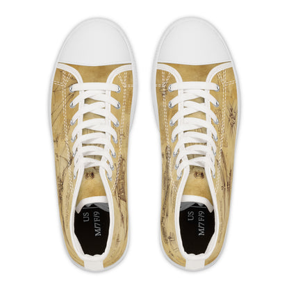 Da Vinci Sketch Damen-Sneaker mit hohem Schaft – Vintage-Pergament-Blaupausen-Schuhe
