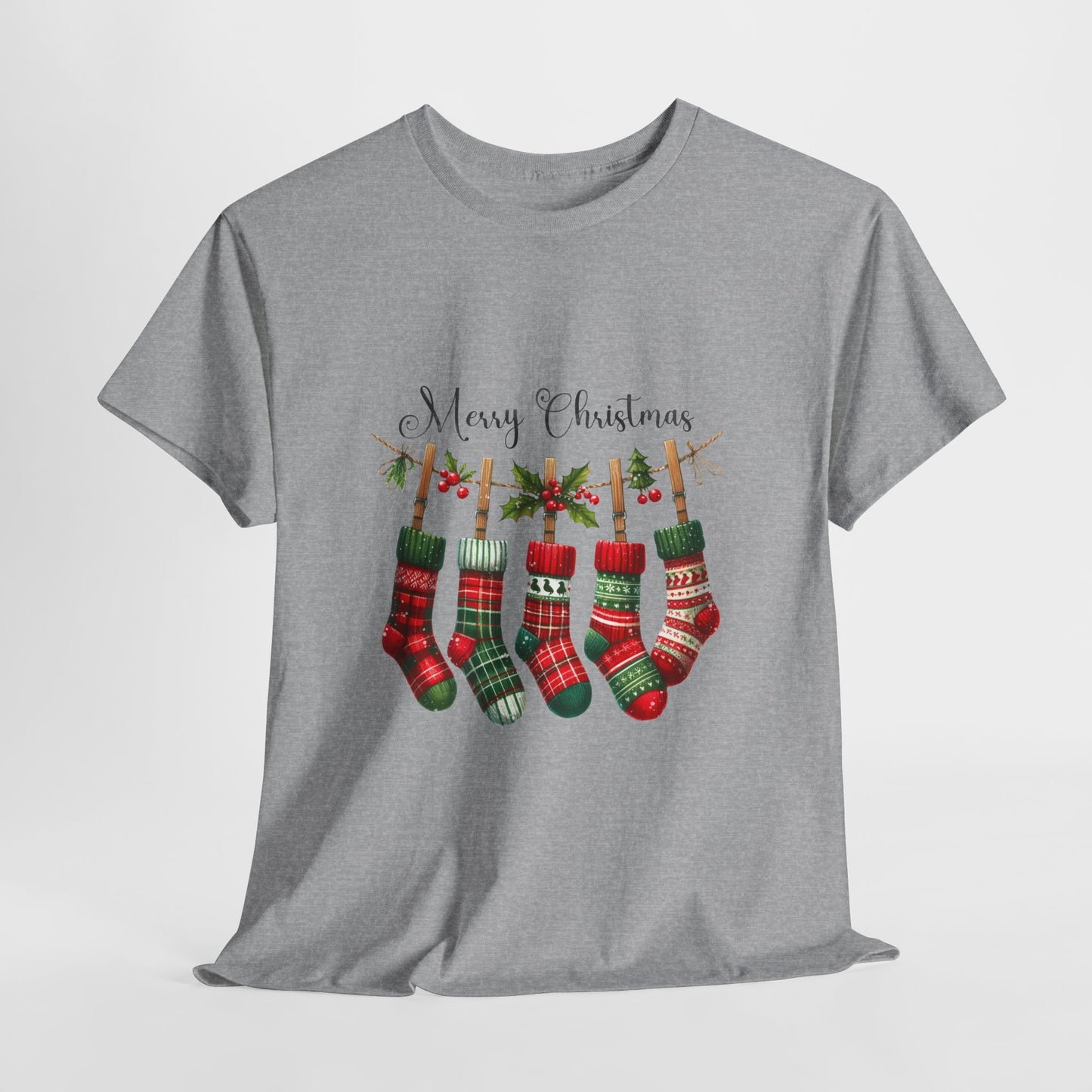 Merry Christmas Stockings T-Shirt - Five Plaid Stockings on Garland