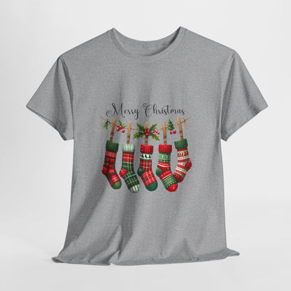 Merry Christmas Stockings T-Shirt - Five Plaid Stockings on Garland