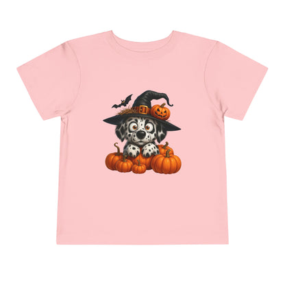 Cute Halloween Puppy Kids T-Shirt - Witch Hat & Pumpkins Toddler Tee