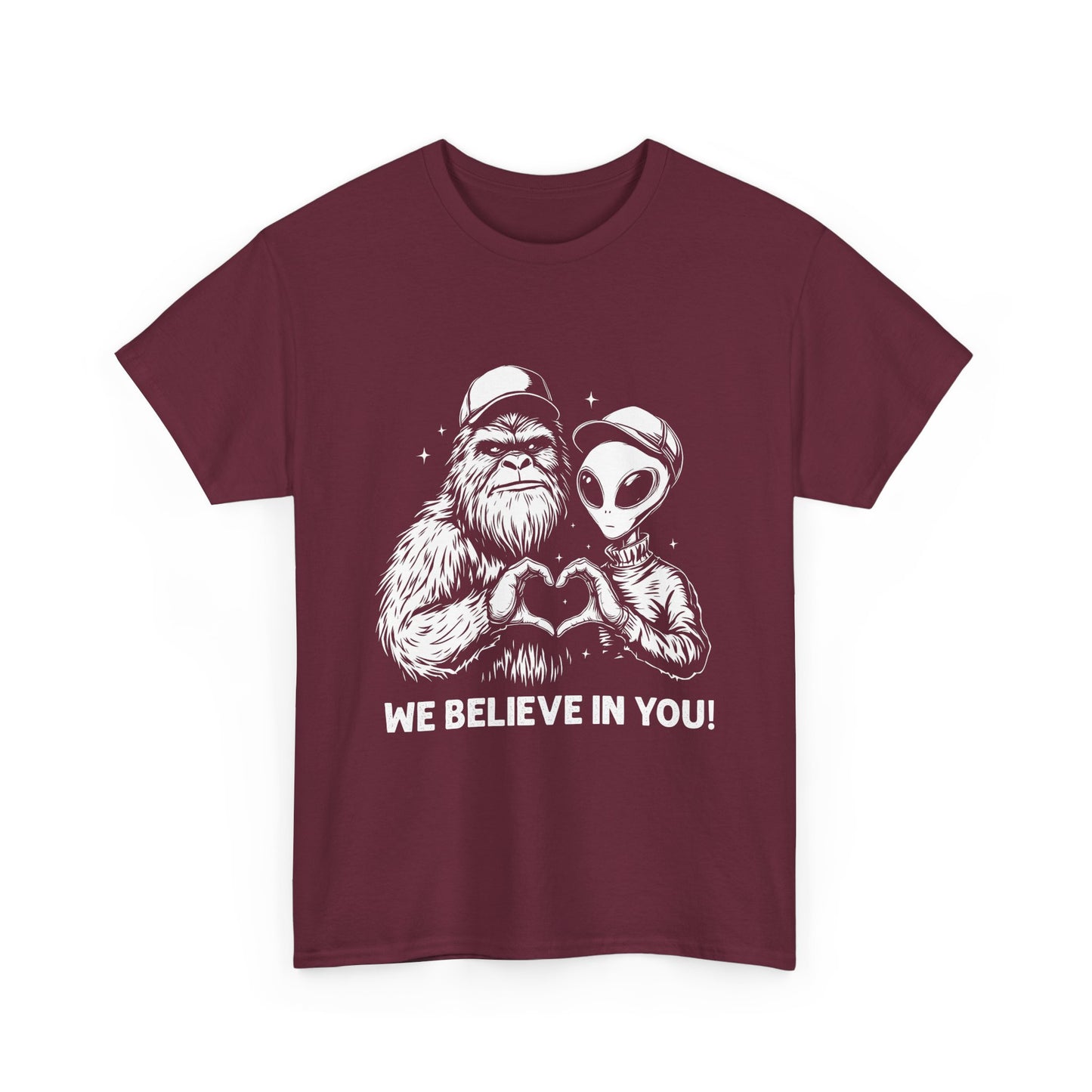 We Believe In You T-Shirt - Bigfoot & Alien Heart Hands Tee