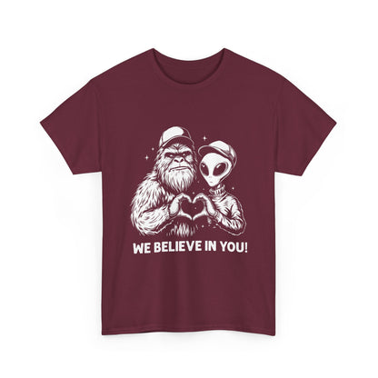 We Believe In You T-Shirt - Bigfoot & Alien Heart Hands Tee