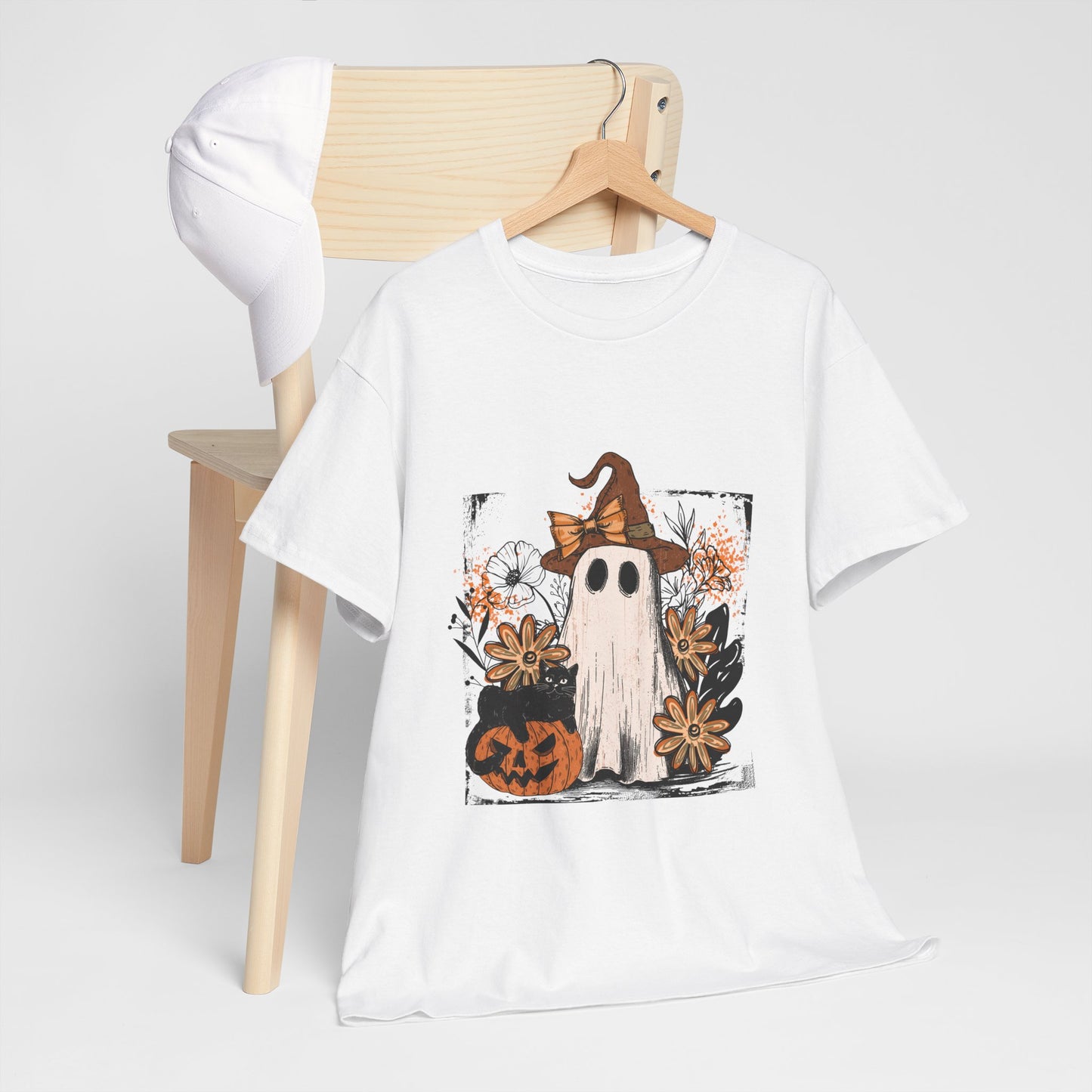 Floral Ghost Cat Pumpkin Halloween T-Shirt - Witch Hat Bow x Jack-O-Lantern