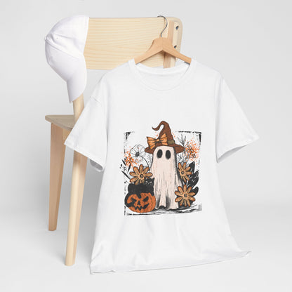 Floral Ghost Cat Pumpkin Halloween T-Shirt - Witch Hat Bow x Jack-O-Lantern