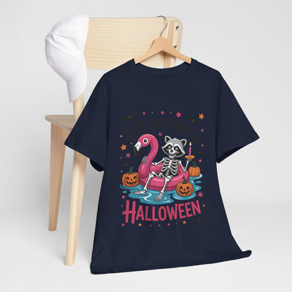 Just Waiting for Halloween T-Shirt - Raccoon Skeleton Flamingo Tee