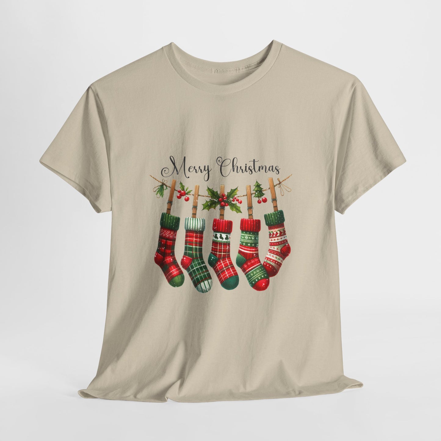 Merry Christmas Stockings T-Shirt - Five Plaid Stockings on Garland