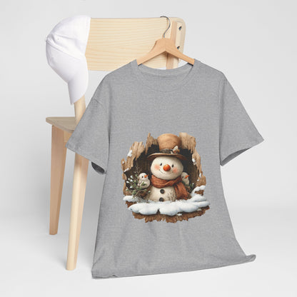Woodland Snowman with Birds Christmas T-Shirt - Rustic Tree Hollow Snowman