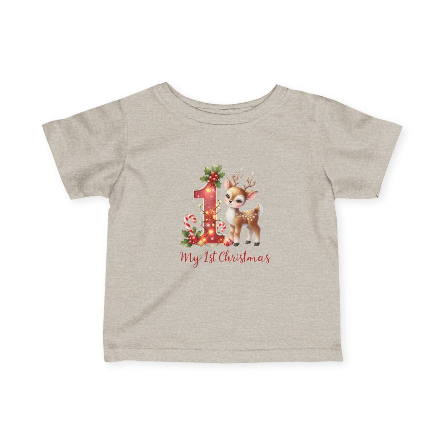Baby’s First Christmas Reindeer Infant T-Shirt – Red “1” Candy Cane Holiday Tee