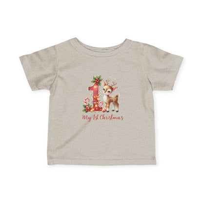 Baby’s First Christmas Reindeer Infant T-Shirt – Red “1” Candy Cane Holiday Tee