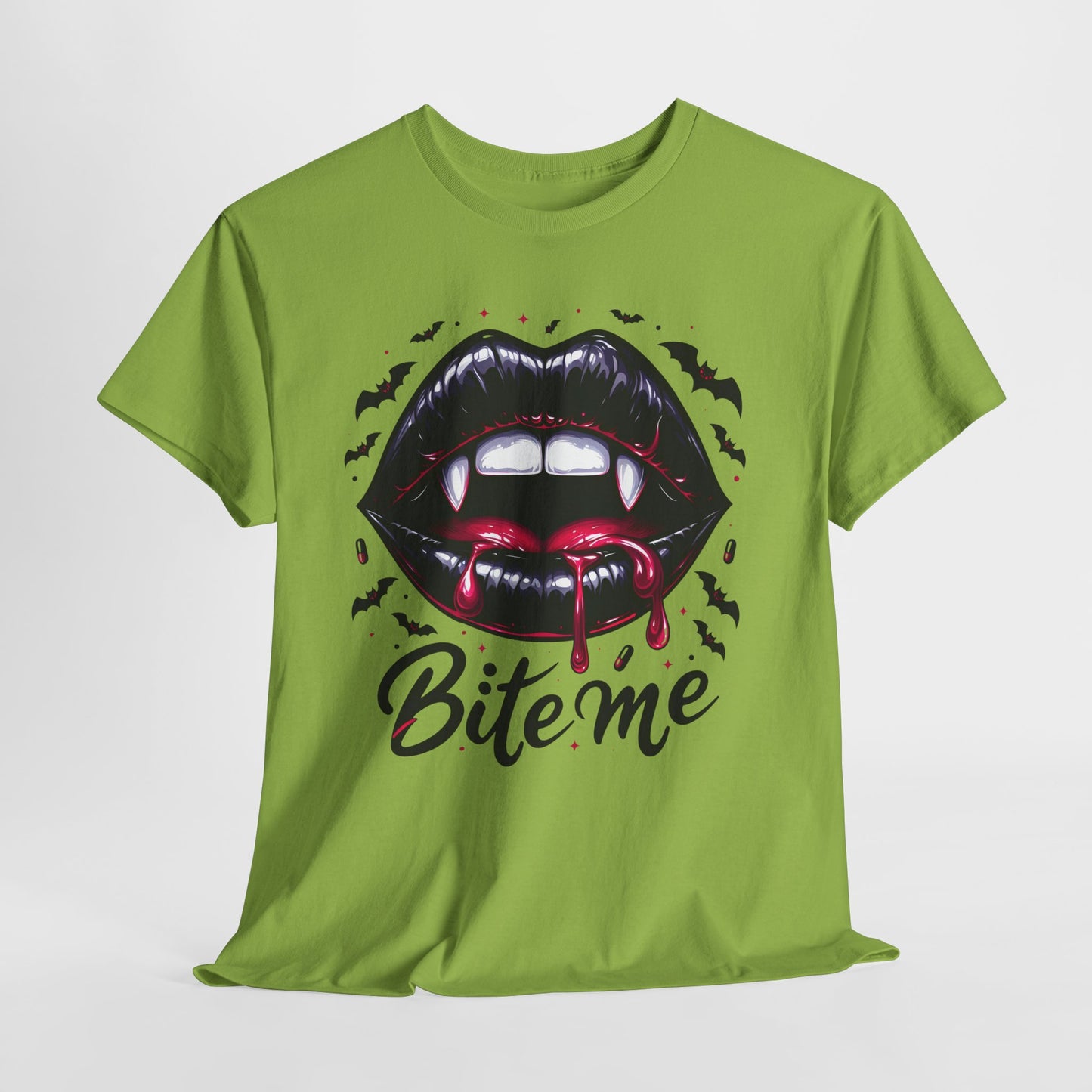 Bite Me Vampire Lips T-Shirt - Gothic Fangs & Bats Halloween Tee