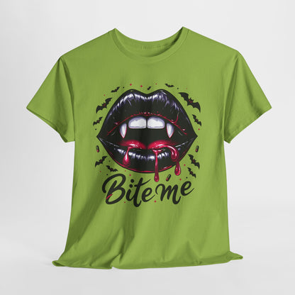 Bite Me Vampire Lips T-Shirt - Gothic Fangs & Bats Halloween Tee