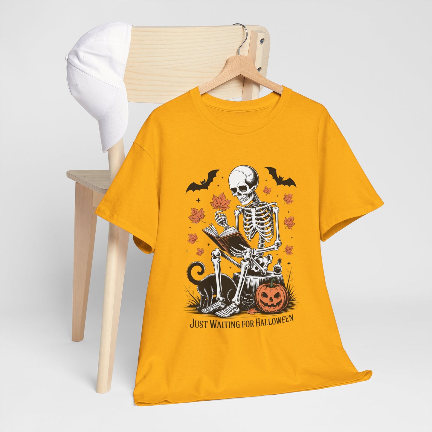 Just Waiting for Halloween T-Shirt - Cozy Spooky Skeleton Reading Tee