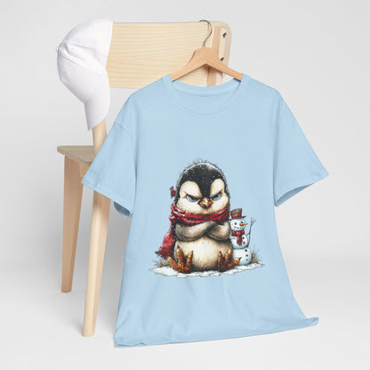 Grumpy Penguin Christmas T-Shirt - Winter Penguin with Snowman Buddy