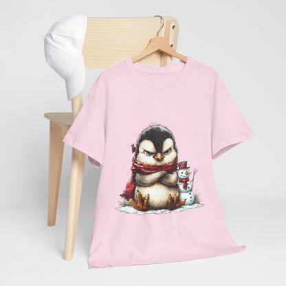 Grumpy Penguin Christmas T-Shirt - Winter Penguin with Snowman Buddy