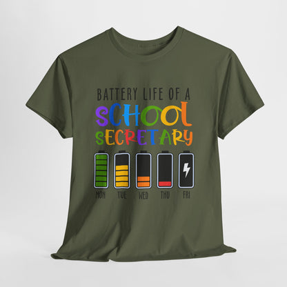 School Secretary Battery Shirt - Funny Rainbow Staff Tee for School Office Life, End of Year Exhaustion Gift for Secretaries