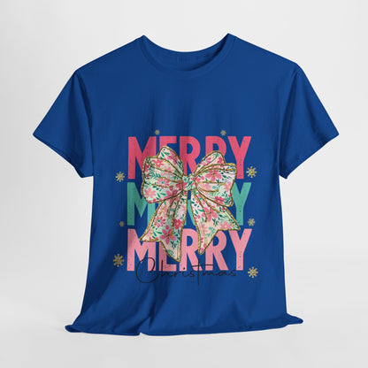 Merry Merry Merry Christmas T-Shirt - Floral Bow Pastel Tee