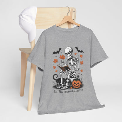 Just Waiting for Halloween T-Shirt - Cozy Spooky Skeleton Reading Tee