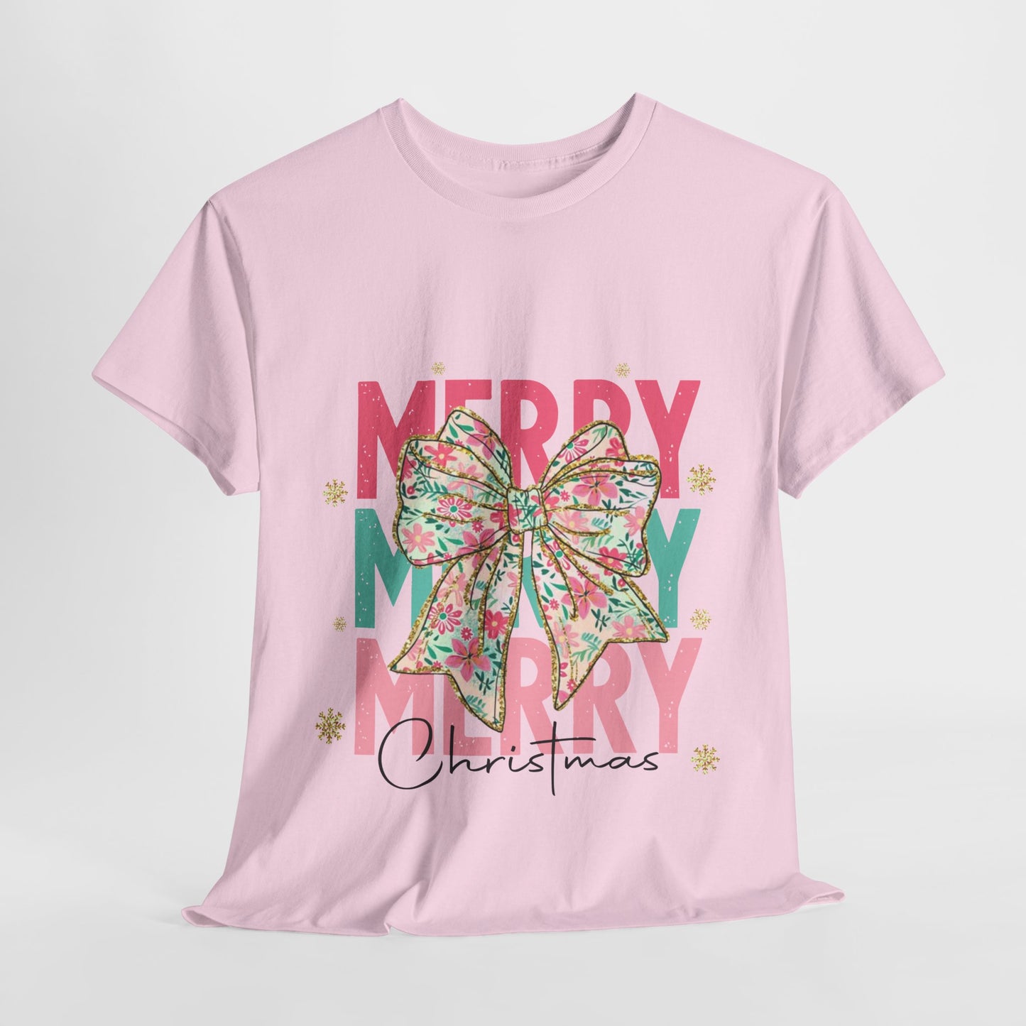 Merry Merry Merry Christmas T-Shirt - Floral Bow Pastel Tee