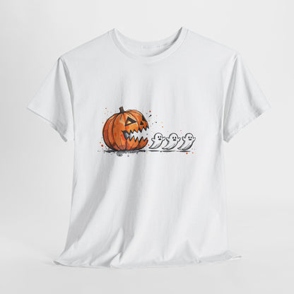 Pumpkin vs Ghosts Halloween T-Shirt - Jack-O-Lantern Chasing Ghosts