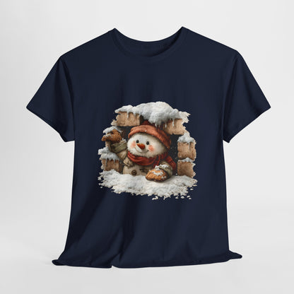 Peeking Snowman Window Christmas - Cute Snowy Brick Window Snowman Tee
