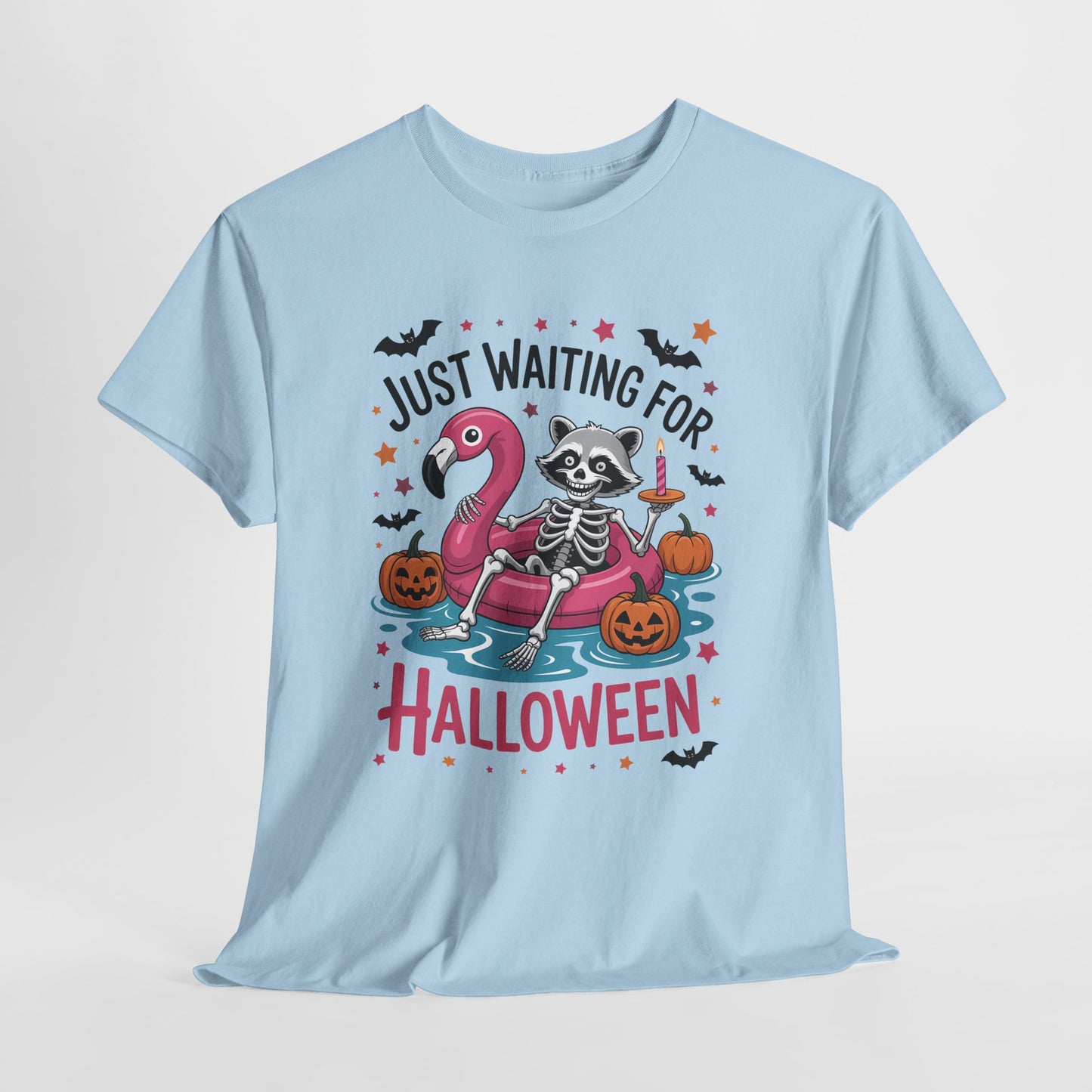 Just Waiting for Halloween T-Shirt - Raccoon Skeleton Flamingo Tee