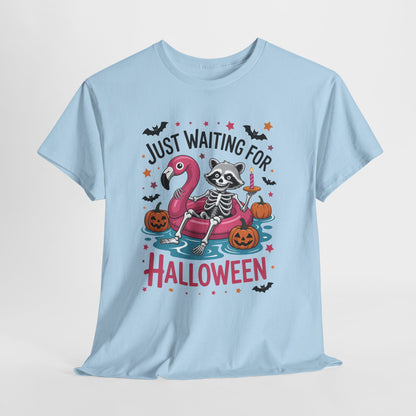 Just Waiting for Halloween T-Shirt - Raccoon Skeleton Flamingo Tee