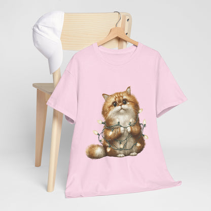 Christmas Lights Cat T-Shirt - Cute Kitty Tangled in Fairy Lights