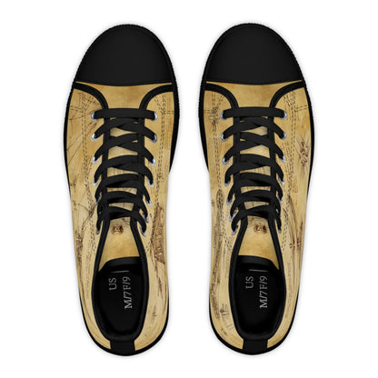 Da Vinci Sketch Damen-Sneaker mit hohem Schaft – Vintage-Pergament-Blaupausen-Schuhe