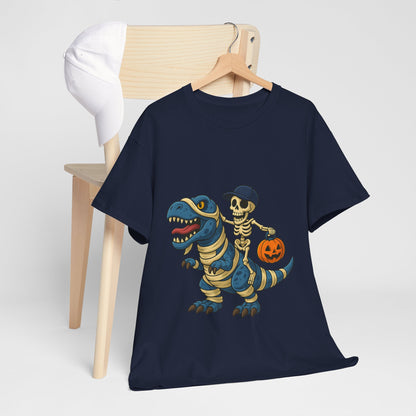 Skeleton Riding T-Rex Halloween T-Shirt - Dinosaur Mummy Wrap Tee
